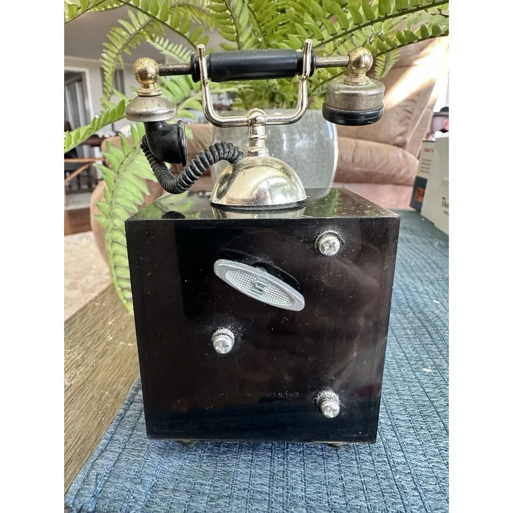 Vtg Clear black Lucite Telephone Music Box spining Clock Chariots of Fire Song‎